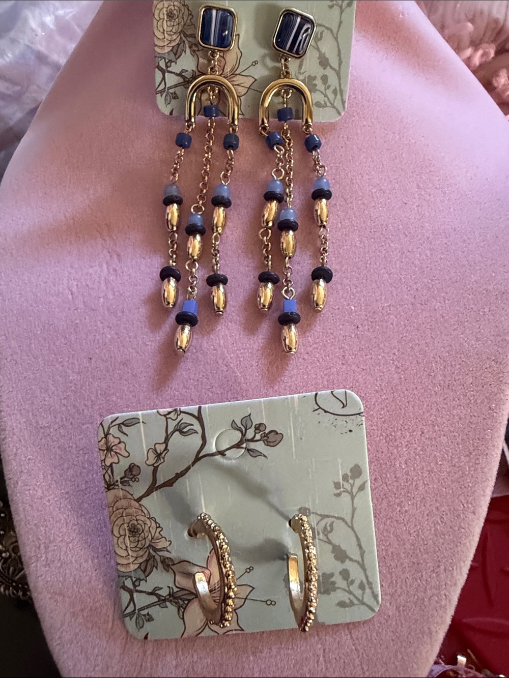 2 Sets Earrings, Gold Tone. Navy Dangle 3” & .75” Hoop – (J0232)